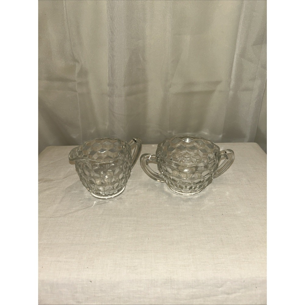Fostoria American Glass Vintage Creamer and Sugar Bowl Set Cubist Clear
